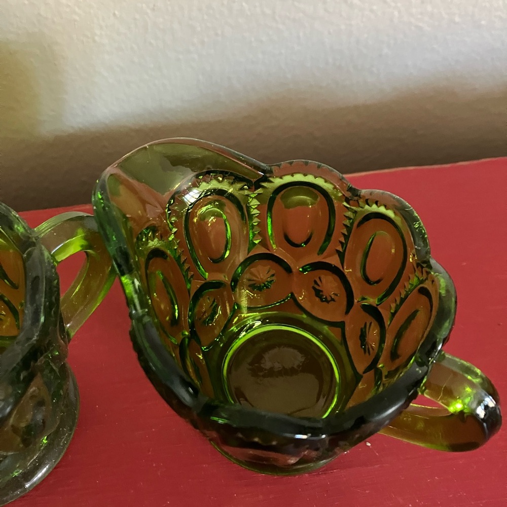 Vintage Avocado Green Glass Creamer and Sugar Set Moon and Stars Pattern - Picture 5 of 7